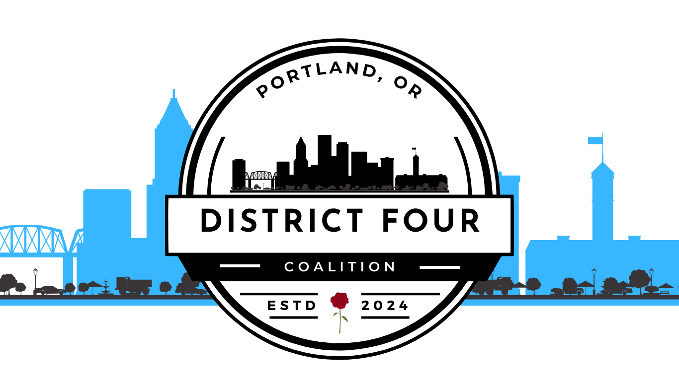 The District Four Logo floats in front of a blue silhouette of the Portland city skyline.