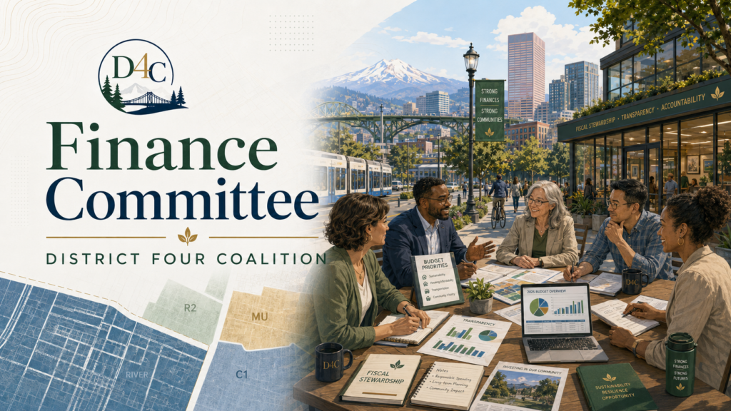 District Four Coalition Finance Committee title graphic over a Portland cityscape