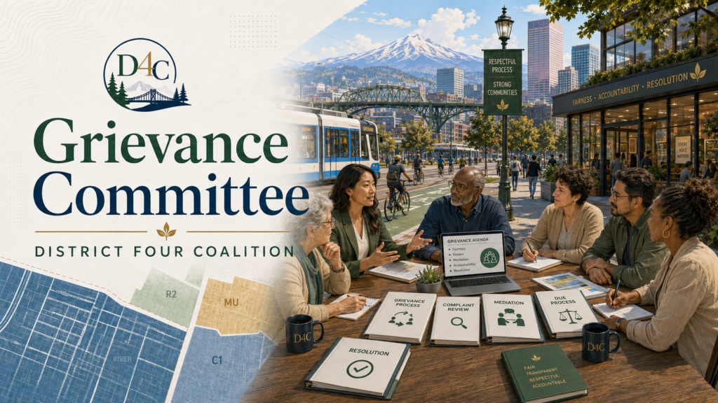 District Four Coalition Grievance Committee title graphic over a group meeting around a table