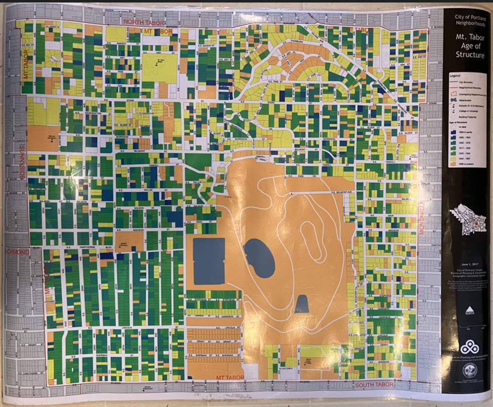 Aerial satellite view of the Mt. Tabor Neighborhood Association showing the age of the structures.