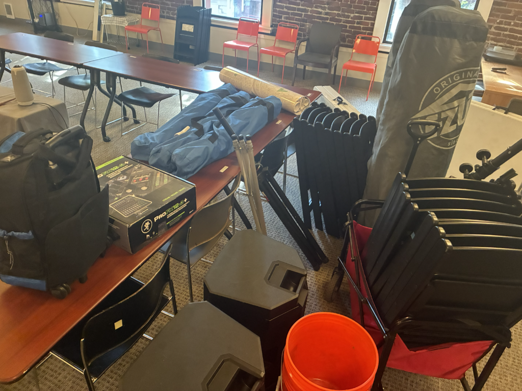 Various piece of D4C equipment loosely organized and piled together