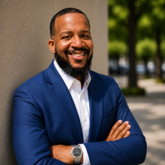 Man standing outside leaning against a wall with a smile.